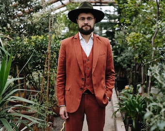 Aras Suit - Three Piece Linen Suit - Rust Linen Suit - Classic Men Linen Suit - Slim Fit Linen Suit - Wedding Linen Suit - Boho Linen Suit
