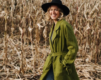 Bronx Trench Coat - Oversized Linen Coat - Classic Linen Coat - Women Linen Coat - Green Trench Coat - Autumn Spring Women Trench Coat