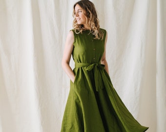 Robe Dublin, robe de linge femme, robe de linge de demoiselle d’honneur, robe de linge d’été, robe en linge de prom, robe en linge vert, robe en linge midi