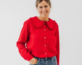 Camisa de pino - Camisa de lino rojo para mujer - Camisa con cuello - Camisa de lino de Navidad - Blusa de lino rojo - Top de lino de manga larga -Camisa de lino para mujer