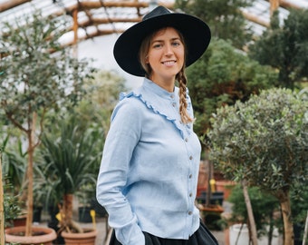 Lily Shirt, Boho Linen Shirt, Women Linen Shirt, Linen Shirt With Ruffles, Classic Linen Shirt, Linen Top, Classic Linen Blouse, Blue Shirt