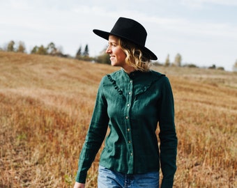 Lily shirt, Women linen blouse, Women linen top with ruffles, Green linen shirt, Boho linen shirt, Classic green linen shirt, Summer shirt