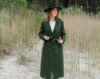 Arizona coat, Long linen coat, Green linen coat, Autumn linen coat, Handmade linen coat, Classic linen coat, Coat with belt, Minimalist coat