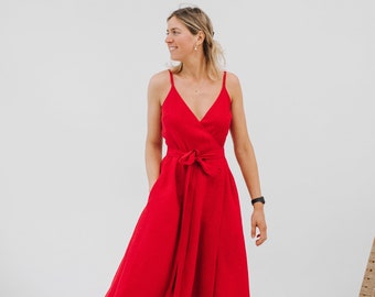 Cara Dress - Wrap Cami Linen Dress - Bridesmaids Cami Wrap Dress - Red Linen Cami Dress - Wide Skirt Linen Dress - Women Red Linen Dress