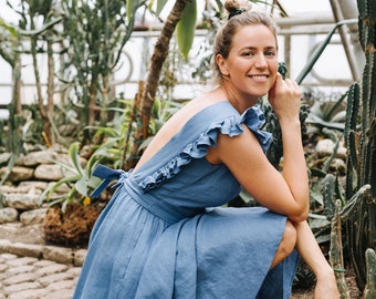 Sun Dress, Blue Linen Dress, Boho Linen Dress, Bridesmaids Linen Dress, Prom Linen Dress, Backless Linen Dress, Women Linen Dress