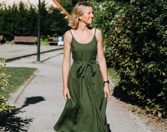 Robe Nairobi, Robe de lin de mariage, Robe de demoiselles d’honneur en lin, Robe de lin boho, Robe slip femme, Robe en lin vert, Robe longue en lin Cami