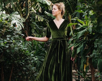 Lisbon Dress - Wrap Velour Dress - Boho Wrap Velour Dress - Moss Green Velour Dress - Bridesmaids Velour Dress - Wide Skirt Velour Dress