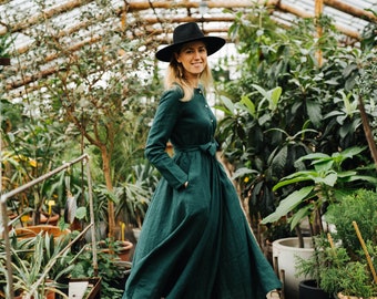 dark green linen dress