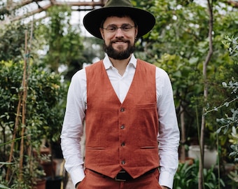 Kukui Gilet, Gilet di lino da uomo, Gilet da uomo ruggine, Gilet da sposo di lino, Gilet di lino classico, Gilet da uomo Slim Fit, Abito da uomo in lino, Gilet di lino da uomo da sposa