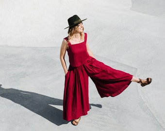 Corfu Pants, Linen Elastic Waist Pants, Linen Pant Skirt, Loose Fit Trousers, Burgundy Linen Pants, Wedding Linen Suit, Plus Size Women Pant