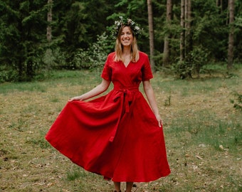 Robe Lisbonne - Robe portefeuille - Robe de linge - Robe romantique - Robe jupe large - Vêtements en linge - Robe longue d’été - Robe rouge - Robe femme