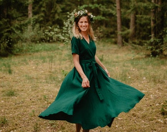 Robe de Lisbonne - Robe en lin Wrap - Robe en lin - Robe romantique - Robe jupe large - Vêtements en lin - Robe d'été - Robe verte - Robe femme