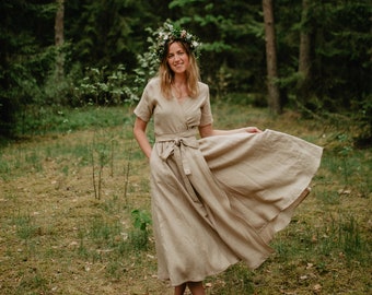 Robe Lisbonne - Robe portefeuille - Robe de linge - Robe romantique - Robe jupe large - Robe d’été - Robe longue - Robe brune - Robe femme