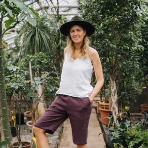 Rain Shorts - Summer Linen Shorts - Long Linen Shorts - Plum Linen Shorts - Beach Linen Shorts - Shorts With Pockets - Women Linen Shorts