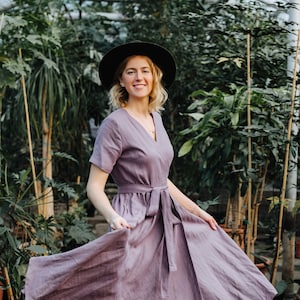 Lisbon Dress - Wrap Linen Dress - Linen Clothing - Romantic Dress - Wide Skirt Dress -Summer Dress - Long Dress - Purple Dress - Women Dress