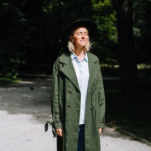 Bronx Trench Coat, Classic Linen Coat, Green Trench Coat Unisex, Women Trench Coat, Autumn Spring Women Coat, Long Linen Trench Coat