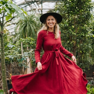 Rose Dress, Red Dress, Bridesmaids Linen Dress, Boho Linen Dress, Romantic Dress, Wide Skirt dress, Winter Linen dress, Long Linen Dress