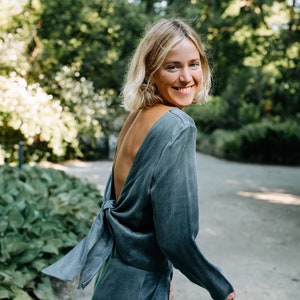 Peony Top, Backless Cupro Top, Wrap Cupro Top, Women Petrol Blouse, Long Sleeve Cupro Top, Wedding Women Outfit, Summer Women Top