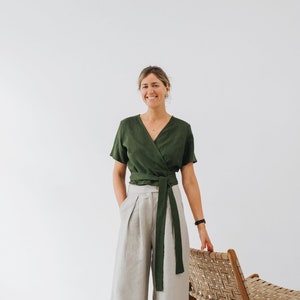 Elle Top - Wrap Linen Top - Summer Wrap Linen Top - Women Wrap Top - Green Linen Top - Short Sleeve Linen Top - Wedding Linen Blouse