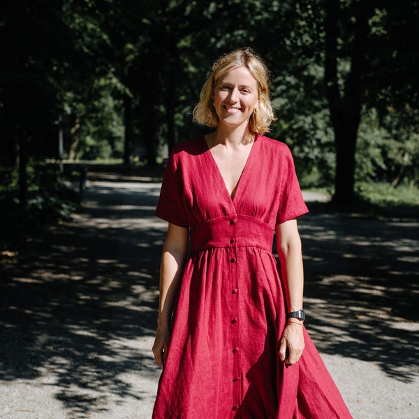 July Dress, Burgundy Linen Dress, Maternity Linen Dress, Long Linen Dress, Bridesmaids Linen Dress, Summer Linen Dress, Dress With Buttons