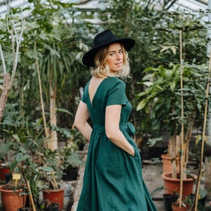 Helena Dress Green Linen Dress V Back Linen Dress Wide Skirt Linen Dress Bridesmaids Linen Dress Wedding Linen Dress Summer Dress image 1