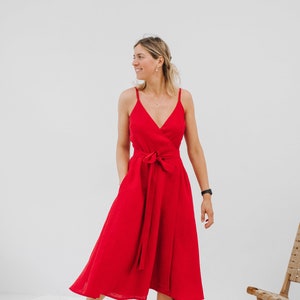 Cara Dress - Wrap Cami Linen Dress - Bridesmaids Cami Wrap Dress - Red Linen Cami Dress - Wide Skirt Linen Dress - Women Red Linen Dress