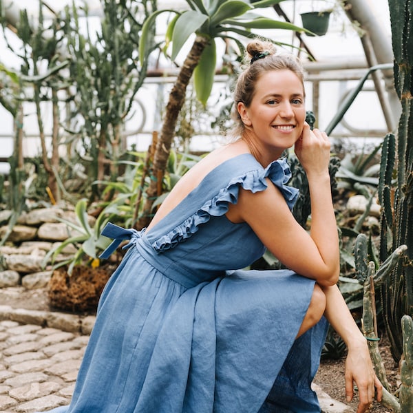 Sun Dress, Blue Linen Dress, Boho Linen Dress, Bridesmaids Linen Dress, Prom Linen Dress, Backless Linen Dress, Women Linen Dress