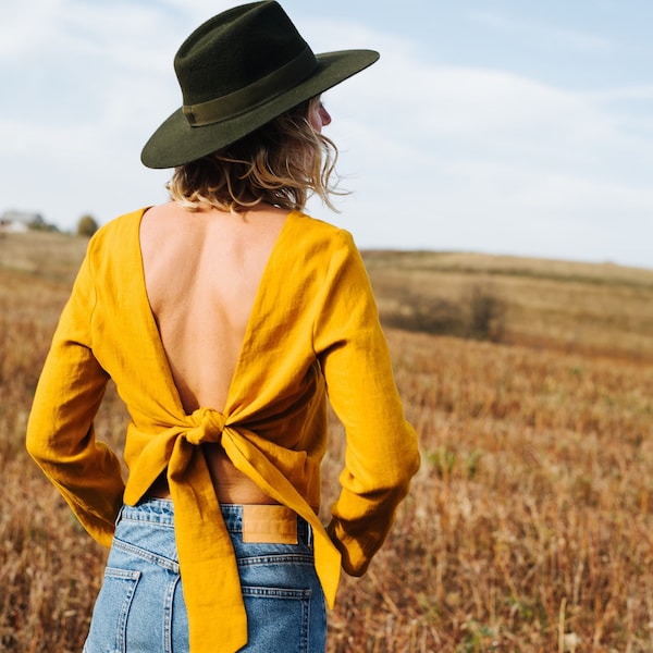 Peony Top - Linen Top - Backless Linen Top - Long Sleeve Linen Top - Yellow Linen Top - Linen Blouse - Women Linen Top - Summer Linen Top