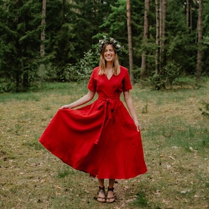 Vestido de Lisboa - Vestido envolvente - Vestido de lino - Vestido romántico - Vestido de falda ancha - Ropa de lino - Vestido largo de verano - Vestido rojo - Vestido de mujer