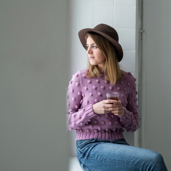 Sicily Sweater - Purple Sweater - Pom Pom Sweater - Merino Wool Pullover - Sweater With Dots - Merino Wool Sweater - Women's Sweater