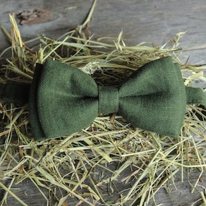 Puede incluir: Una pajarita verde oscuro hecha de tela de lino, descansando sobre un lecho de heno seco.