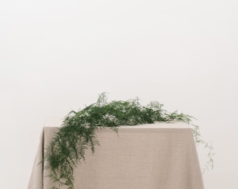 Op de afbeelding: Een groene, bladrijke plant drapeert over een beige linnen tafelkleed. De tafel staat tegen een witte achtergrond, wat een minimalistische en natuurlijke esthetiek creëert. De afbeelding benadrukt de textuur van de stof en het delicate gebladerte.
