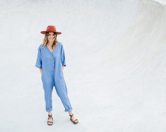 Madrid Jumpsuit, Linen Romper, Oversized Linen Jumpsuit, Blue Linen Overall, Loose Fit Linen Jumpsuit, Women Linen Romper with Buttons