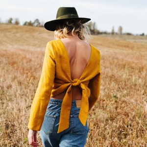 Peony Top Linen Top Backless Linen Top Long Sleeve Linen Top Yellow Linen Top Linen Blouse Women Linen Top Summer Linen Top imagem 7