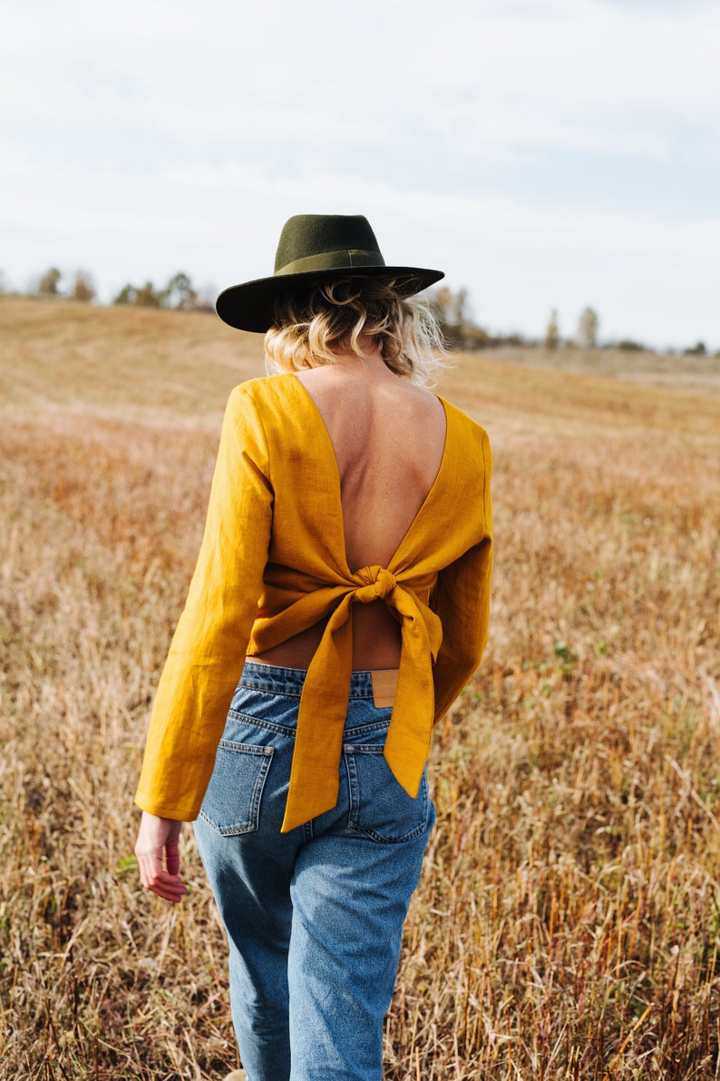 Peony Top Linen Top Backless Linen Top Long Sleeve Linen Top Yellow Linen Top Linen Blouse Women Linen Top Summer Linen Top imagem 7