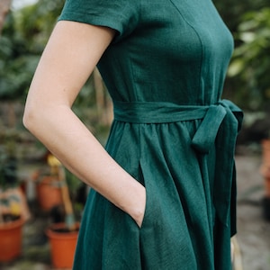 Helena Dress Green Linen Dress V Back Linen Dress Wide Skirt Linen Dress Bridesmaids Linen Dress Wedding Linen Dress Summer Dress image 8