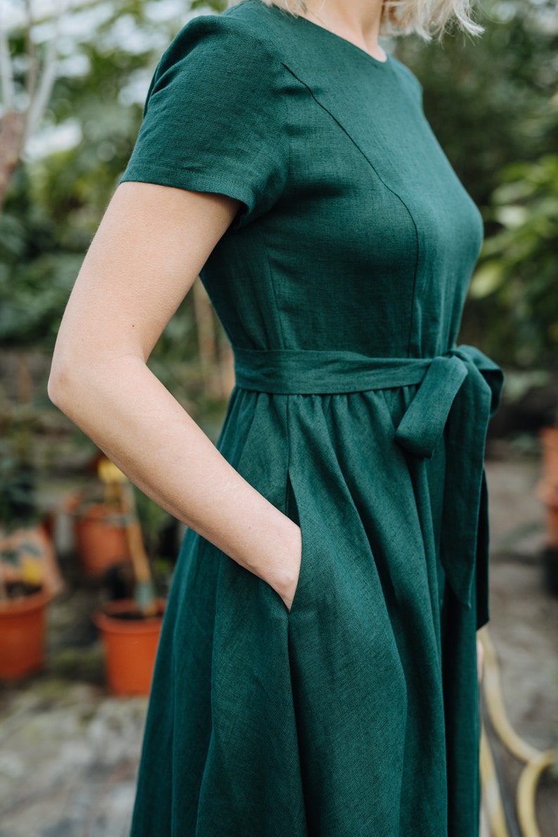 Helena Dress Green Linen Dress V Back Linen Dress Wide Skirt Linen Dress Bridesmaids Linen Dress Wedding Linen Dress Summer Dress image 8