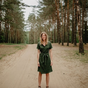 Baku Dress - Wrap Linen Dress - Linen Dress - Romantic Dress - Short Linen Dress -Summer Dress - Maternity Dress - Green Dress - Women Dress