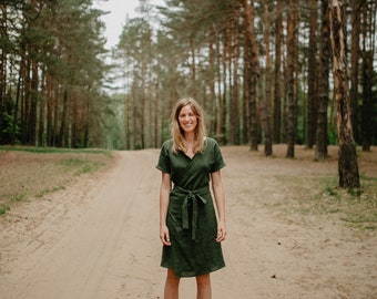 Baku Dress - Wrap Linen Dress - Linen Dress - Romantic Dress - Short Linen Dress -Summer Dress - Maternity Dress - Green Dress - Women Dress