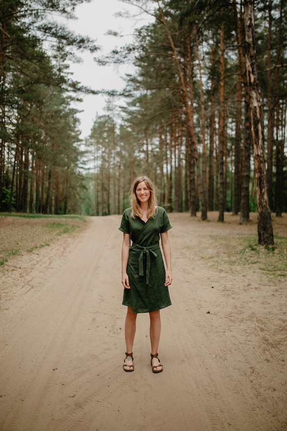 Baku Dress Wrap Linen Dress Linen Dress Romantic Dress Short Linen Dress summer Dress Maternity Dress Green Dress Women Dress Etsy