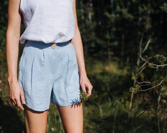 Abu Dhabi shorts, High waisted shorts, Women linen shorts, Women summer shorts, Blue linen shorts, Short summer shorts, Boho linen shorts