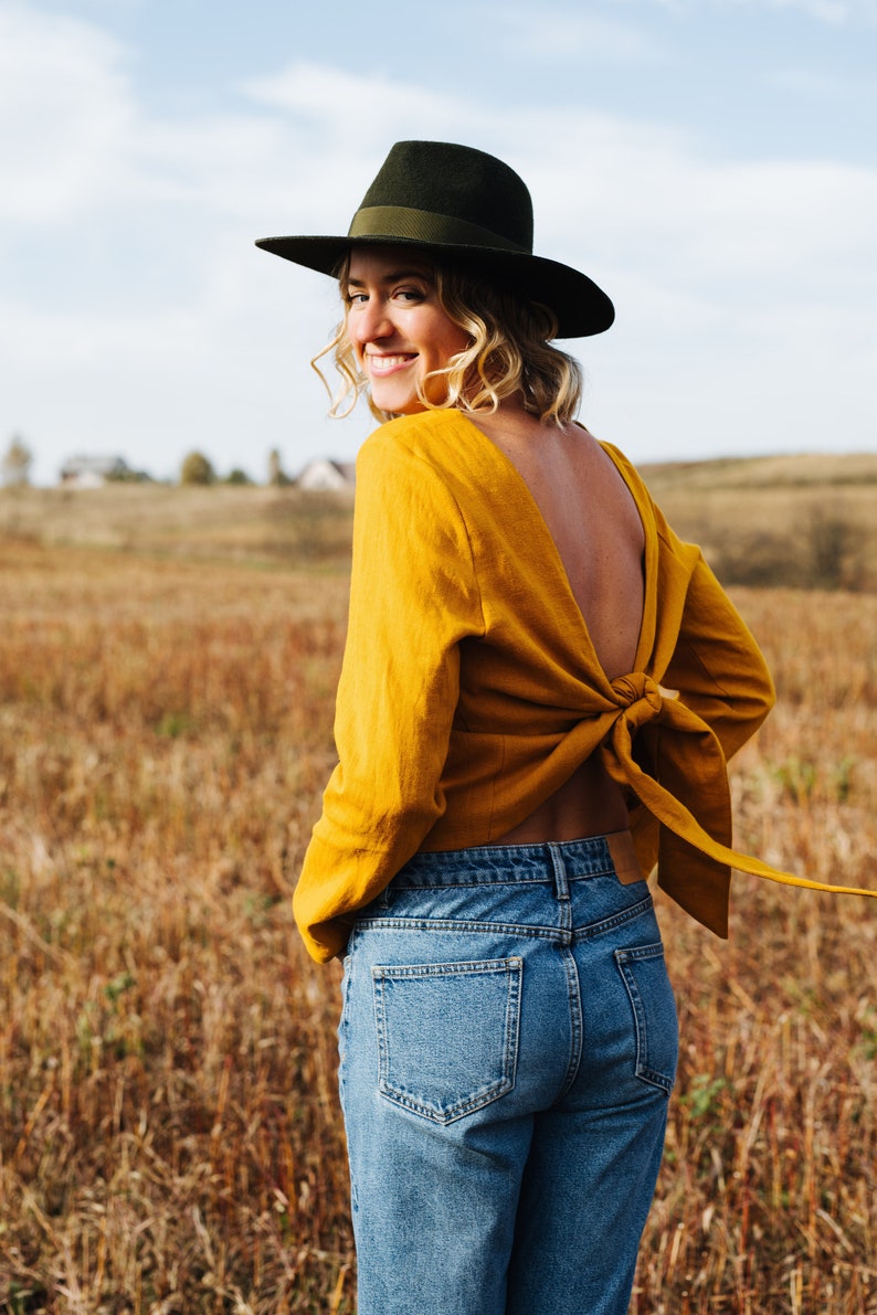 Peony Top Linen Top Backless Linen Top Long Sleeve Linen Top Yellow Linen Top Linen Blouse Women Linen Top Summer Linen Top imagem 4