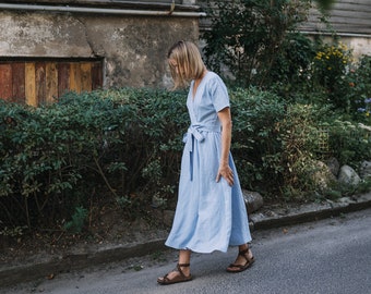 Lisbon Dress - Bridesmaids Dress - Wrap Linen Dress - Linen Dress - Romantic Dress - Wide Skirt Dress - Summer Dress - Light Blue Dress