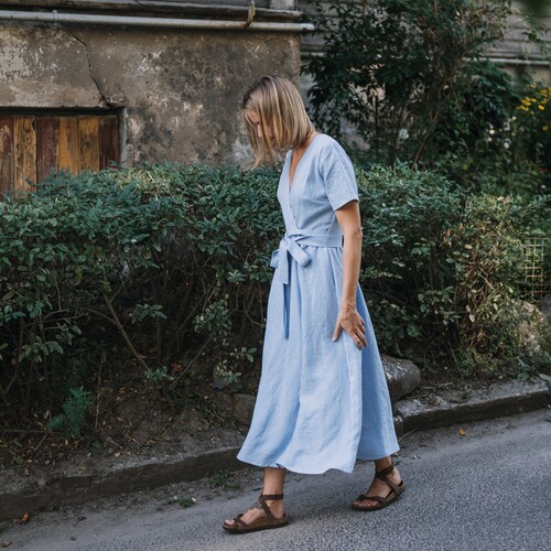 Lisbon Dress - Bridesmaids Dress - Wrap Linen Dress - Linen Dress - Romantic Dress - Wide Skirt Dress - Summer Dress - Light Blue Dress