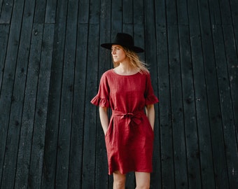San Diego Dress - Linen Dress - Burgundy Dress - Oversized Dress - Linen Clothing - Loose Fit Dress - Boho Linen Dress - Ruffle Dress