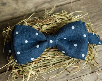 Handmade Cotton Bow Tie - Navy Polka Dot, Rustic Wedding