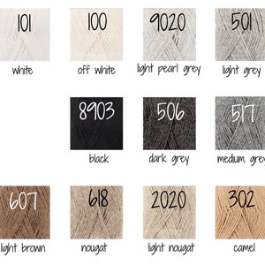 May include: A colour chart of yarn samples with corresponding numbers and names. The colours include white, off white, light pearl grey, light grey, black, dark grey, medium grey, light brown, nougat, light nougat, and camel.