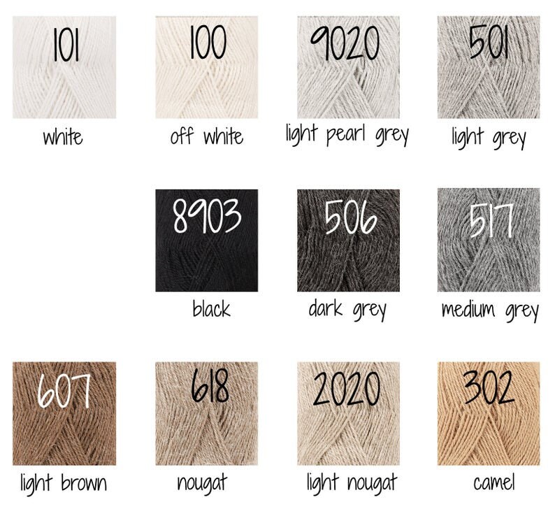 May include: A colour chart of yarn samples with corresponding numbers and names. The colours include white, off white, light pearl grey, light grey, black, dark grey, medium grey, light brown, nougat, light nougat, and camel.