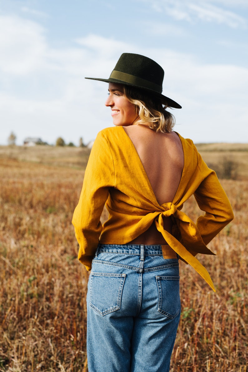 Peony Top Linen Top Backless Linen Top Long Sleeve Linen Top Yellow Linen Top Linen Blouse Women Linen Top Summer Linen Top image 5