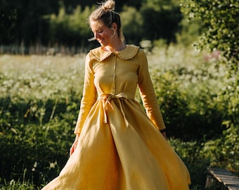 Robe Orion, robe en lin d'automne, robe en lin de demoiselles d'honneur, robe en lin jaune, robe en lin romantique, robe en lin d'été, robe jupe large